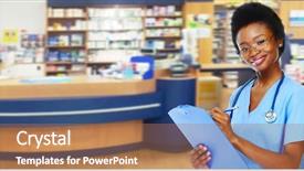  Presentation with medical pharmacy - Beautiful PPT layouts featuring physician doctor woman over pharmacy backdrop and a coral colored foreground