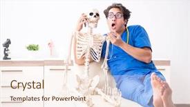  Presentation with doctor in hospital health insurance related icons healthcare person saving medical - Amazing presentation design having physician joint mobilization - funny doctor with skeleton backdrop and a cream colored foreground