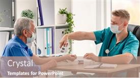  Presentation with contactless - Slide set with physician-measuring-temperature-of-patient background and a coral colored foreground