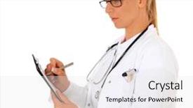  Presentation with physician - Beautiful presentation theme featuring anamnesis - physician writing on clipboard all backdrop and a white colored foreground