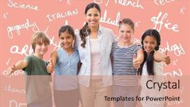  Presentation with teacher - Cool new theme with cute pupils and teacher smiling backdrop and a coral colored foreground