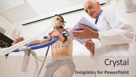  Presentation with exercise bike - Theme having physiology - man doing fitness test background and a mint green colored foreground