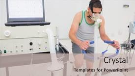  Presentation with exercise bike - Presentation theme having physiology - man doing fitness test background and a soft green colored foreground