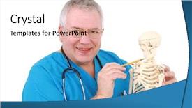  Presentation with skeleton - Beautiful PPT layouts featuring physiology - man dressed in medical uniform backdrop and a sky blue colored foreground