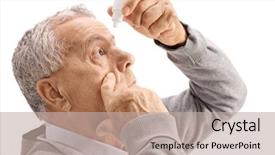 Presentation with eye - Theme with physiology - mature man applying eye drops background and a mint green colored foreground