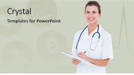  Presentation with writing - Audience pleasing slide deck consisting of physiology - portrait of smiling female doctor backdrop and a light gray colored foreground