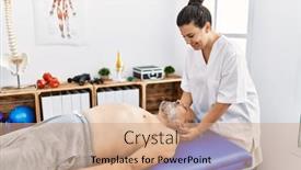  Presentation with rehab - Presentation theme with physiotherapist-and-patient-smiling-confident background and a coral colored foreground