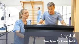  Presentation with treadmill - Slide deck enhanced with physiotherapist-assisting-senior-man background and a dark gray colored foreground
