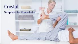  Presentation with physiotherapist - Beautiful PPT theme featuring physiotherapist doing leg massage to her patient in medical office backdrop and a sky blue colored foreground