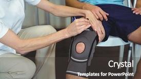  Presentation with patients - Audience pleasing presentation theme consisting of physiotherapist examining patients knee backdrop and a dark gray colored foreground