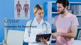  Presentation with diagnosis - Amazing PPT layouts having physiotherapist explaining diagnosis to male patient in the clinic backdrop and a light blue colored foreground