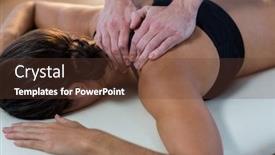  Presentation with physical therapy - Slide deck consisting of physiotherapist giving physical therapy to the neck of a female patient in the clinic background and a tawny brown colored foreground