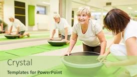  Presentation with senior fitness - PPT theme consisting of physiotherapist-helps-senior-woman background and a mint green colored foreground