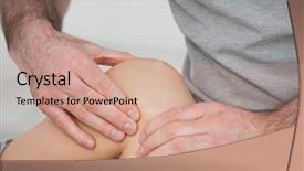  Presentation with knee - PPT theme with physiotherapist massaging a painful knee in a room background and a coral colored foreground