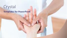  Presentation with medical hand - PPT theme with physiotherapist massaging her patients hand in medical office background and a sky blue colored foreground