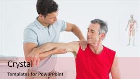  Presentation with physiotherapist - PPT theme enhanced with physiotherapist massaging mature mans arm background and a red colored foreground