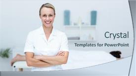  Presentation with physiotherapist - Presentation design consisting of physiotherapist smiling at camera arms background and a sky blue colored foreground