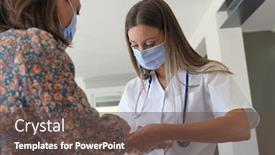  Presentation with face mask - Colorful PPT layouts enhanced with physiotherapist-with-patient-wearing-face backdrop and a tawny brown colored foreground