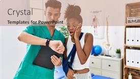  Presentation with rehabilitation - Slides having physiotherapist-working-with-patient-wearing background and a coral colored foreground