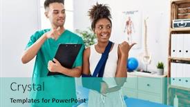  Presentation with rehabilitation - PPT theme with physiotherapist-working-with-patient-wearing background and a teal colored foreground
