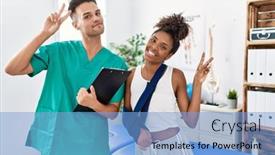  Presentation with rehabilitation - PPT theme enhanced with physiotherapist-working-with-patient-wearing background and a light blue colored foreground