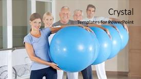  Presentation with group of sports balls - Amazing presentation theme having physiotherapy exercise - senior group carrying blue gym backdrop and a  colored foreground
