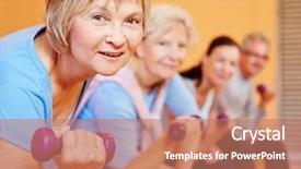  Presentation with senior fitness - Slide deck consisting of physiotherapy exercise - senior woman with dumbbells doing background and a coral colored foreground