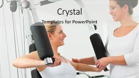  Presentation with physiotherapy making physical exercises - PPT theme enhanced with therapy rehabilatation - patient at the physiotherapy making background and a light gray colored foreground