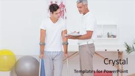  Presentation with medical clipboard - Presentation design featuring doctor showing clipboard to his patient with crutch in medical office background and a mint green colored foreground