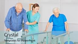  Presentation with walker - Colorful slides enhanced with physical therapy function - physiotherapy with senior people backdrop and a light blue colored foreground