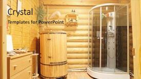  Presentation with cedar - Colorful slide deck enhanced with phyto - shower cubicle and cedar barrel backdrop and a yellow colored foreground