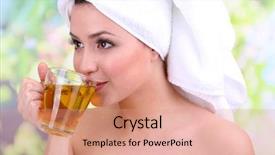  Presentation with tea cup - Beautiful theme featuring phytotherapie - beautiful young woman with cup backdrop and a coral colored foreground