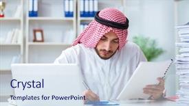  Presentation with paperwork - Theme with pi - arab businessman working background and a sky blue colored foreground