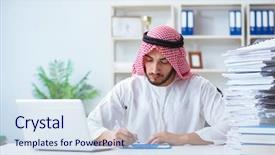  Presentation with paperwork - Presentation design featuring pi - arab businessman working background and a  colored foreground