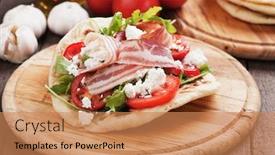  Presentation with sandwich - PPT theme having piadina romagnola italian flatbread sandwich with rocket salad ricotta cheese and pancetta bacon background and a coral colored foreground