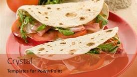  Presentation with sandwich - Cool new slides with piadina with ham arugula and tomatoes typical italian sandwich backdrop and a red colored foreground