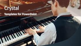  Presentation with piano - Colorful presentation enhanced with pianist playing music on grand backdrop and a tawny brown colored foreground