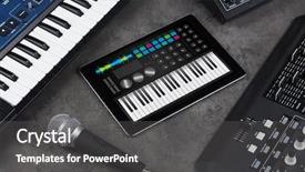 Presentation with musical instrument - Amazing slide deck having piano synthesizer app on tablet backdrop and a dark gray colored foreground