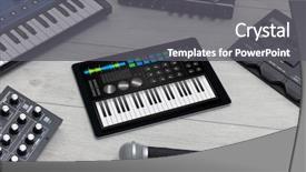  Presentation with musical instrument - Amazing slide set having piano synthesizer app on tablet backdrop and a gray colored foreground