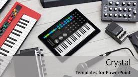  Presentation with musical instrument - Cool new slide deck with piano synthesizer app on tablet backdrop and a light gray colored foreground