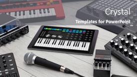  Presentation with musical instrument - Presentation design enhanced with piano synthesizer app on tablet and musical instrument concept background and a gray colored foreground