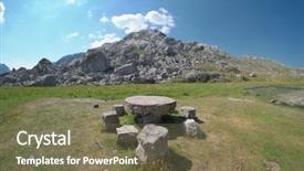  Presentation with round table - Slide deck featuring pic nic - round stone table and stone background and a violet colored foreground
