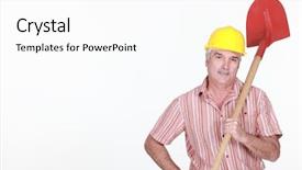 Presentation with greeiting show man - PPT layouts consisting of pick ax - grey-haired man with shovel background and a  colored foreground