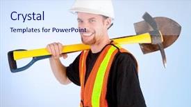  Presentation with happy anniversay work - Presentation theme having pick ax - happy construction worker background and a  colored foreground