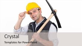  Presentation with old wite man and his music - Cool new slides with pick ax - man with ax tipping helmet backdrop and a  colored foreground