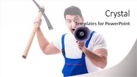  Presentation with white - PPT theme enhanced with pick ax - repairman with megaphone background and a  colored foreground