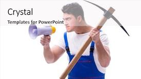  Presentation with construction digging - Audience pleasing slide set consisting of pick ax - repairman with megaphone backdrop and a  colored foreground