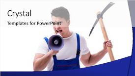  Presentation with construction digging - PPT theme having pick ax - repairman with megaphone background and a  colored foreground