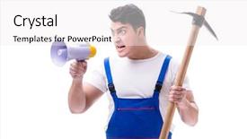  Presentation with construction digging - Cool new PPT layouts with pick ax - repairman with megaphone backdrop and a  colored foreground
