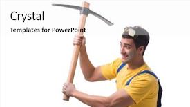  Presentation with one young man exercising handball - Colorful presentation design enhanced with pick ax - young man contractor with axe backdrop and a white colored foreground